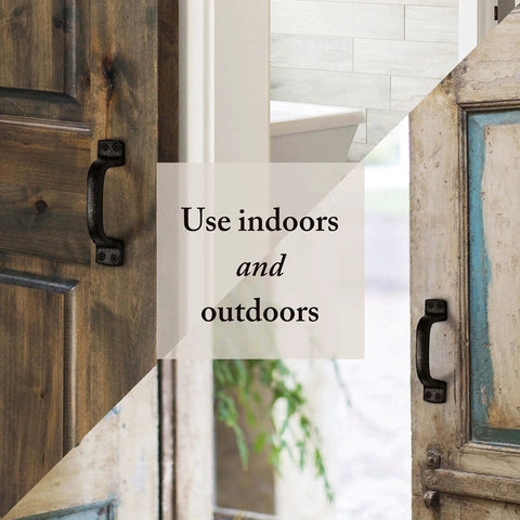 Heavy Duty Black Cast Iron Barn Door Handles 2 Pack For Shed And Garage Doors Includes Hardware And Pre Drilled Holes 6 1 4 Inches Tall Indoor Outdoor Farmhouse Decor With Vintage Inspired Pulls installed on rustic wooden doors