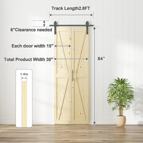 30-Inch By 84-Inch Bifold Barn Door With Hardware Kit displayed against a wall, showing dimensions and solid pine wood detail.