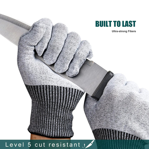 Cut-resistant gloves holding a sharp knife, demonstrating durability and protection, labeled 'Built to Last' with ultra-strong fibers.