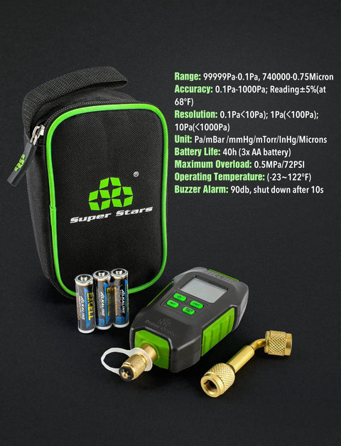 Digital Micron Vacuum Gauge For HVAC With Pirani Sensor And LCD Display Temperature Compensation And Four Units Pa MBar MmHg Microns One Quarter Inch SAE Connection Digital Pressure Tester Meter For Refrigeration And Home AC Maintenance Pro Grade with batteries and case.