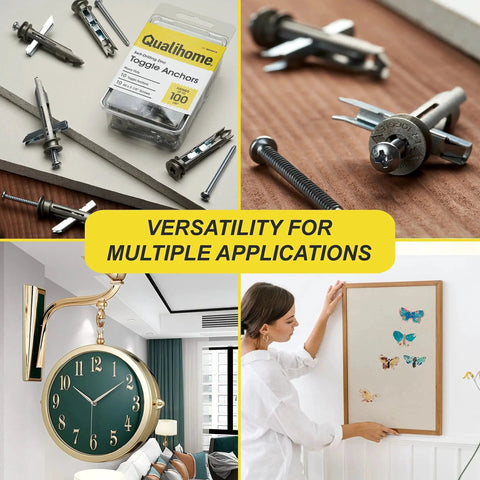 Self-Drilling Drywall Anchors And Screws Kit With Toggle Anchors And Zinc Plated Screws for mounting decor, shown with packaging and applications.