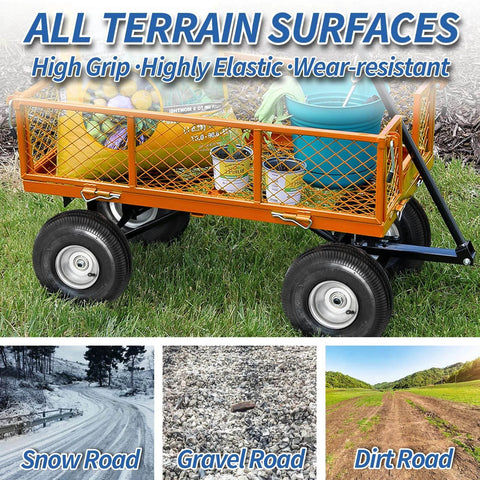 Orange cart on 10-inch pneumatic tires for hand trucks and garden carts with all-terrain capability in snow, gravel, and dirt.
