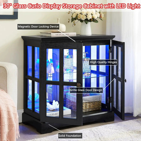 30 Inch Glass Curio Display Cabinet With LED Lighting Modern Two Lattice Doors in living room setting