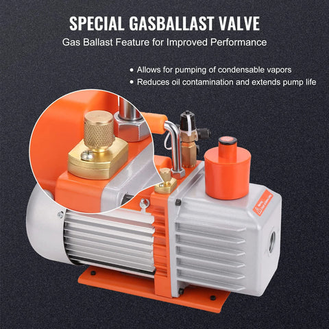 VEVOR 7 CFM dual-stage rotary vane HVAC vacuum pump with oil bottle in orange-gray housing