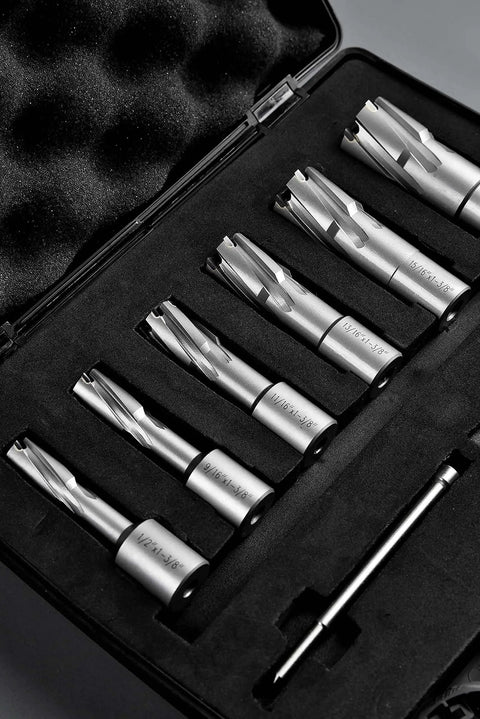 Carbide Annular Cutter Set For Drill Press By JESTUOUS 8 Piece Weldon Shank Three Quarters Inch Cutting Diameter Case View