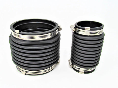 Two black ribbed exhaust bellows with stainless hose clamps for Alpha One U-Joint