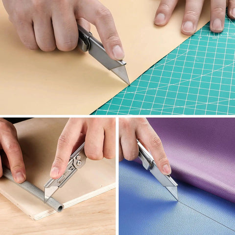 Two Pack EDC Folding Utility Knife With Quick Open Axis Lock Includes 10 Blades used to cut various materials.