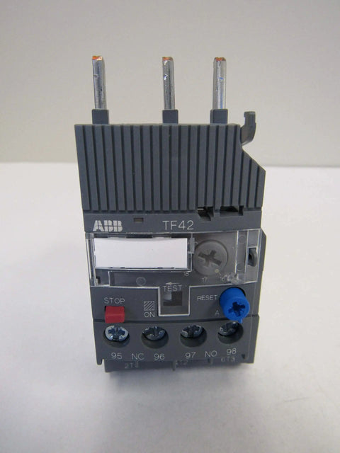 Single TF42-20 Thermal Overload Relay 16-20 A for 3-Phase Motors, front view showing stop and reset buttons.