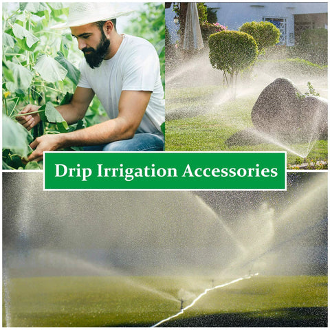 Mudder 150-piece barbed drip irrigation connectors set, 1/4-inch fittings in black, collage of irrigation scenes