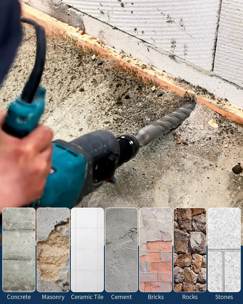 Person using Four Cutter Carbide Tipped Head Three Eighths Inch By Twelve Inch SDS Plus Rotary Hammer Drill Bit on concrete.