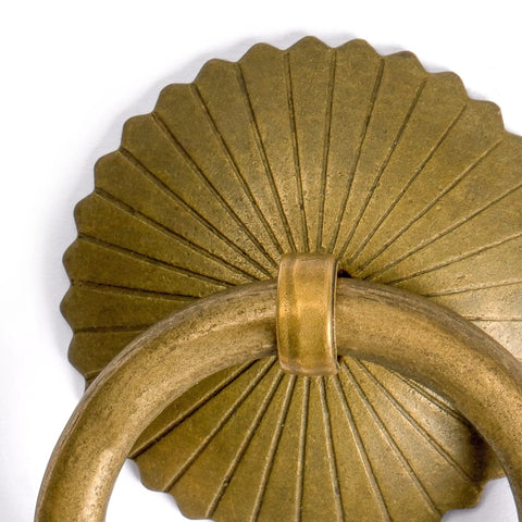 Close-up of solid brass ring pull with radial washer inscribed with straight lines, part of Solid Brass Ring Pulls Set Of 2 For Drawers And Cabinets.
