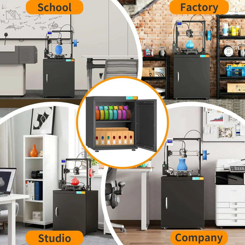 Dehumidifying 3D Printer Cabinet With 180L Storage in school, factory, studio, and company settings, showcasing versatility and protection.