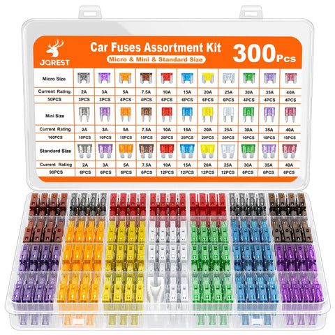 All In One Car Fuse Kit With 300 Assorted Fuses Micro Mini And Standard Sizes Plus Puller For RV Camper Boat And Truck 2A To 40A Eleven Current Ratings displayed in a clear organizer box.