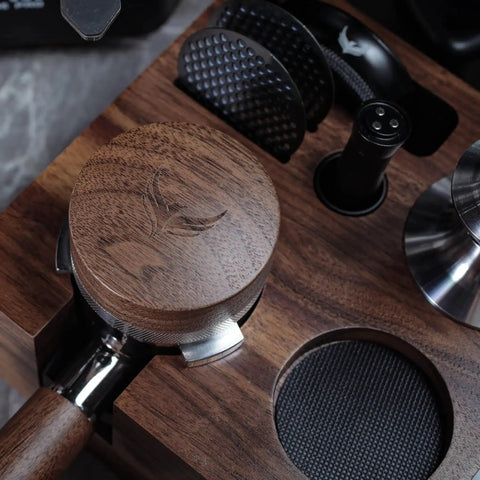 Walnut 58.35mm Espresso Distribution Tool, Adjustable Depth, Stainless Steel Leveler For 58mm Portafilters on wooden stand