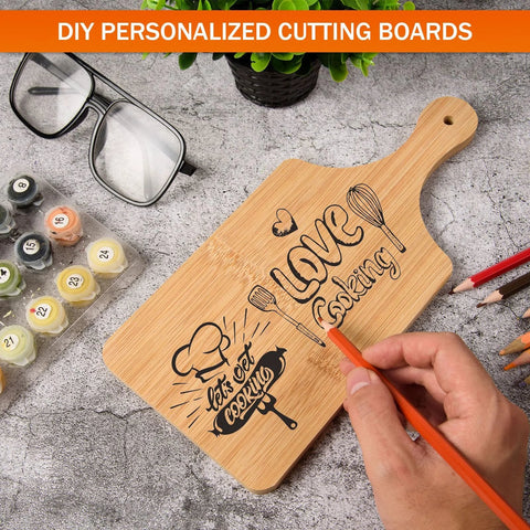 Thick Bamboo Cutting Board Set Of 6 11x5 Inch Ultra Sturdy 0.39 Inch Thick Wood Chopping Boards With Handle And Hanging Hole Personalized Laser Engraved Charcuterie Boards For Wedding Gift Mothers Day Housewarming Eco Friendly Gift Idea with "Love Cooking" and "Let's get cooking" engravings on a bamboo surface.