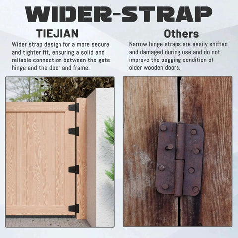 Comparison of Heavy Duty 3.5 Inch Gate Hinges for Wooden Fences and Vinyl Gates with Screws Included, featuring wider strap design and rust-resistant properties.