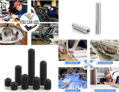 720 Piece Hex Socket Drive Cup Point Set Screws Kit Pro Grade M2 Through M6 In 12 Sizes Carbon Steel Black Grub Screws And Socket Head Cap Screws For Machine Tools And Equipment, displayed with usage examples and individual screws.