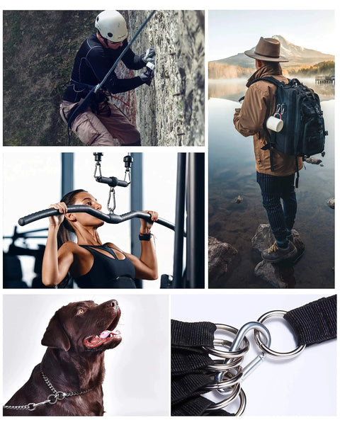 Collage featuring 30 Pcs 1.57 Inch Mini Carabiner Clips M4 Stainless Steel used in various activities like climbing, hiking, and gym workouts.