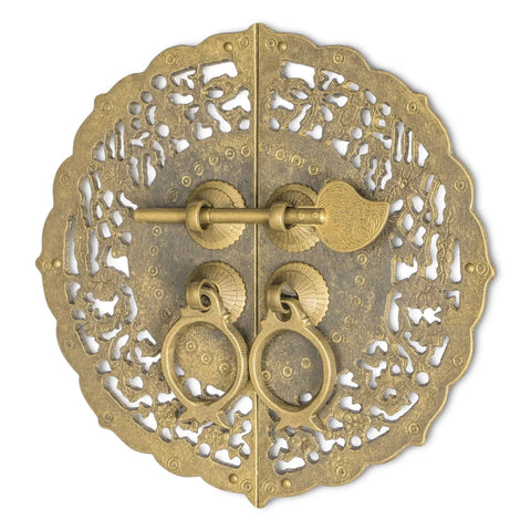 Ornate brass door pull with intricate design, part of Flower Pot Cabinet Faceplate Set 5.52 Inches Square With Solid Brass Pull And Eight Radial Washers For Architectural Interior Design And Custom Cabinetry Hardware Decorative Facade Accent For Doors And Drawers.
