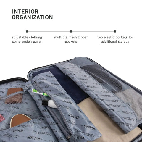 Interior view of Renegade Expandable 8 Wheel Spinner Luggage with adjustable panel and mesh pockets by Kenneth Cole Reaction.