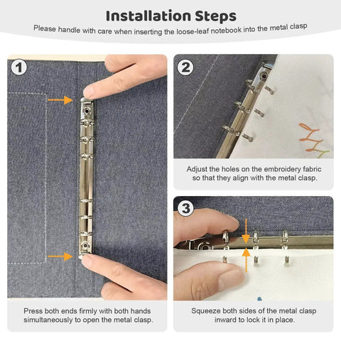Hands installing pages in Beginner's Embroidery Stitch Book Kit With 138 Patterns, Portable Loose Leaf Practice Pages, Embroidery Hoop, 87 Tools, Dope Starter DIY Craft Kit For Adults.