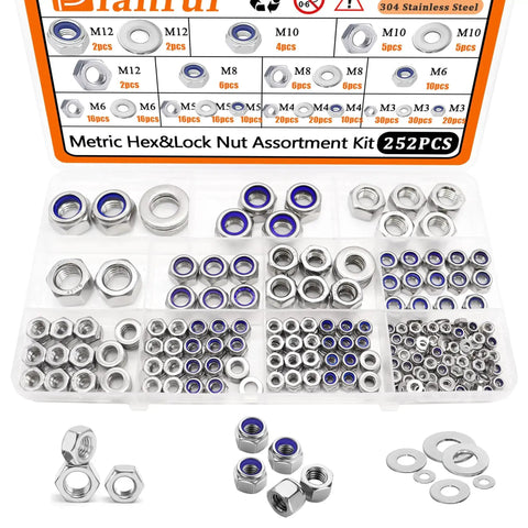 252 Piece Hex Nut and Lock Nut Set With Flat Washers in 304 Stainless Steel M3 to M12 Seven Sizes Pro Grade Hardware Nuts