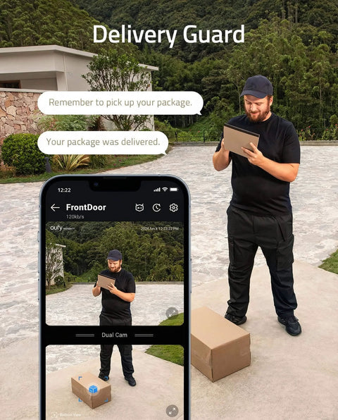 Image showing a person using a mobile app connected to a 2K HD Video Doorbell Add-On With Battery-Powered Dual Motion Detection Package Alerts Family Recognition No Monthly Fee Motion Alerts Homebase Not Included, next to a delivered package on the porch.