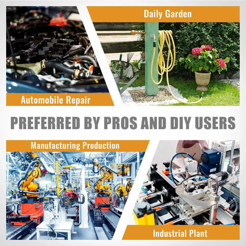Collage of home and industrial uses: automobile repair, garden, manufacturing, industrial plant; preferred by pros and DIY users.