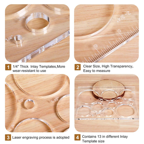 Pro Grade 13 In 1 Router Template Kit for Woodworking with different sized clear acrylic circle and bowtie inlay templates