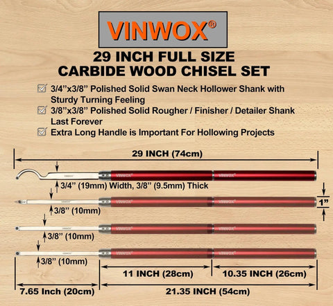 VINWOX 29 inch full size carbide wood lathe tool set with swan neck hollower, rougher, finisher, and detailer, aluminum handles