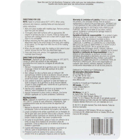 Back view of packaging showing directions and warranty for exterior automotive attachment for moldings, emblems and trim.