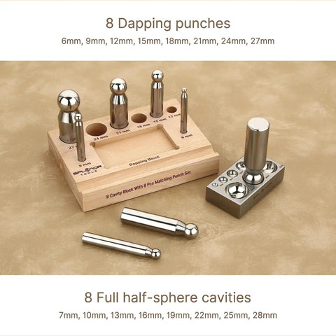 Heavy Duty Steel 8 Hole Dapping Block And 8 Matching Punch Set For Jewelry Making And Metal Shaping with Wooden Stand