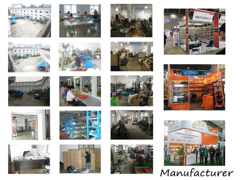 Collage of manufacturing facilities, warehouse, and trade show displays related to automotive component production.