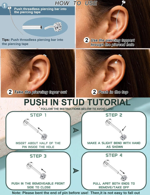 Installation instructions for Dope Threadless Nose Ring Set In 14K Gold Filled, 20G 18G 16G, showing each step with images and text.