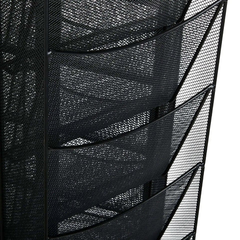 Close-up of Onyx Rotating Mesh Magazine Holder With 30 Pockets Display Rack in black steel, featuring mesh design and scratch-resistant finish.