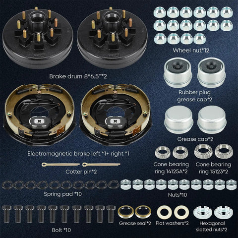 Youxmoto trailer drum brake kit with two 12x2 in, 8-hole drums for 6.5 in bolt circle