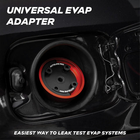 AutoLine Pro universal EVAP adapter installed at car fuel filler; red ring, black center, Autoline Pro branding.