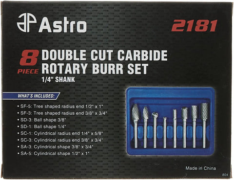 Front view of packaging for Double Cut Carbide Rotary Burr Set For Pro Grade Porting And Hole Opening, 8-Piece With 1/4 Inch Shank