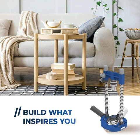 Living room with a sofa and side table beside Portable Drill Guide Pro For Precise Angle Drilling A Self Centering Jig With Built In Dust Collection Adapter That Delivers Consistent Holes And Easy Setup For Cordless Drills No Fuss KDG6500 in blue.