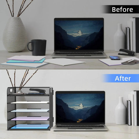 Before and after desk setup with 5 Tray Letter Paper Organizer With Handle Mesh Desk File Sorter for office or home use