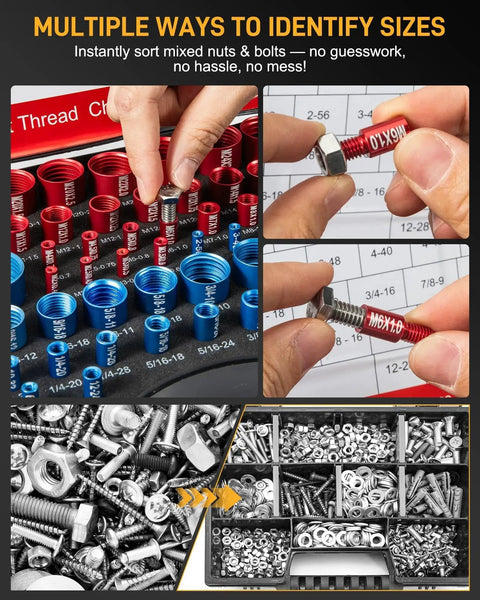 66 Piece Nut and Bolt Thread Checker Kit With 34 SAE Blue and 32 Metric Red Thread Gauges, shown in organized foam insert