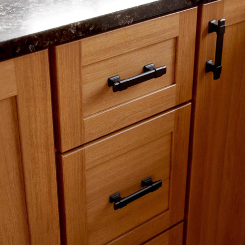 Matte Black Adjustable Drawer Pulls 5 Pack Fits 1-3/8 To 4 Inch Hole Centers Ideal For Kitchen Cabinets Dressers And Furniture Durable Metal Hardware With Fade And Scratch Resistant Finish Quick Weekend Update installed on wood cabinets