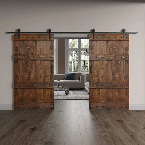 DIY Finished Knotty Pine Double Sliding Barn Door With Hardware Kit, 84x84 Inches, Dark Walnut, installed in living room