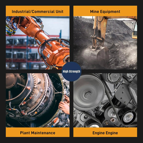 Collage depicting uses of Orange High Temp Heavy Duty High Strength Threadlocker For Metal Bolts And Nuts in various industries.