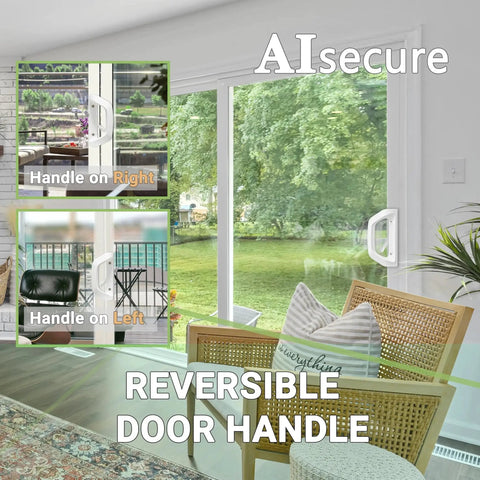 Sliding Door Lock And Handle Set With Key For Sliding Glass Doors, installed view, reversible design showcased, white finish
