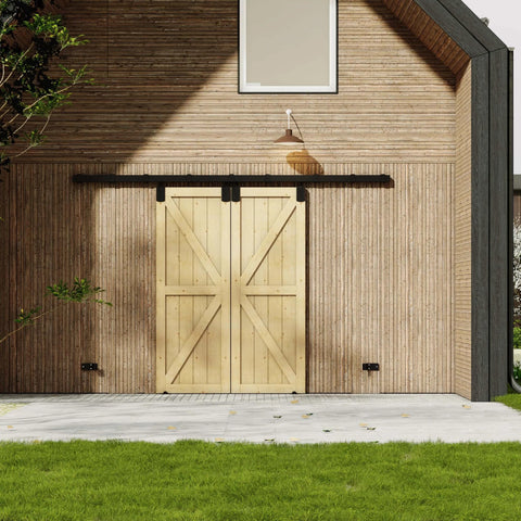 Exterior Barn Door Hardware Kit With Door 96 By 84 Inches K Frame 16 Foot Heavy Duty Black Sliding Track System Waterproof And Rustproof Easy Install For Warehouse And Garage Pine Door