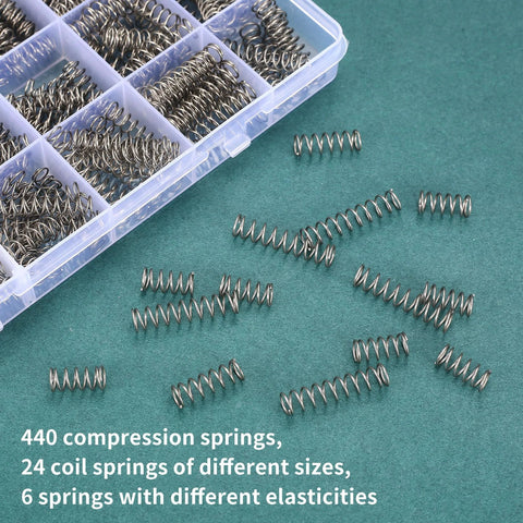 440-piece stainless steel compression springs kit in clear storage box; assorted small springs in 24 sizes