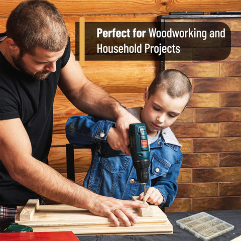 Father and son using Gold Galvanized Wood Screws Set With Phillips Drive, 152-Piece Assortment For DIY Projects, 6 Lengths From 1/2 Inch To 2 Inches, Corrosion-Resistant Screws For Woodworking, Furniture And Repairs, Includes Mr Pen for woodworking project