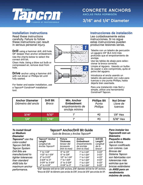 Installation guide for Tapcon concrete anchors, showing drill and drive instructions for 3/16" and 1/4" diameters.