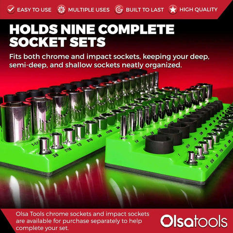 Magnetic Socket Organizer For One Quarter, Three Eighths And One Half Inch Drive SAE Sockets, Holds Up To One Hundred Twenty Three Sockets, Green Gearhead Must Have For A Clean, Streamlined Workshop shown organizing sockets.